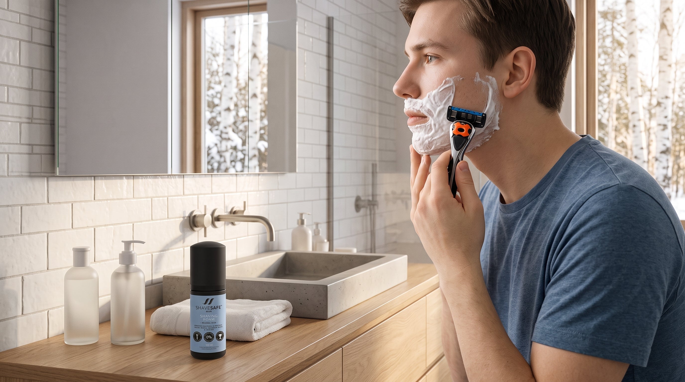 Første barbering for teenagere med ShaveSafe. AI-genereret billede.