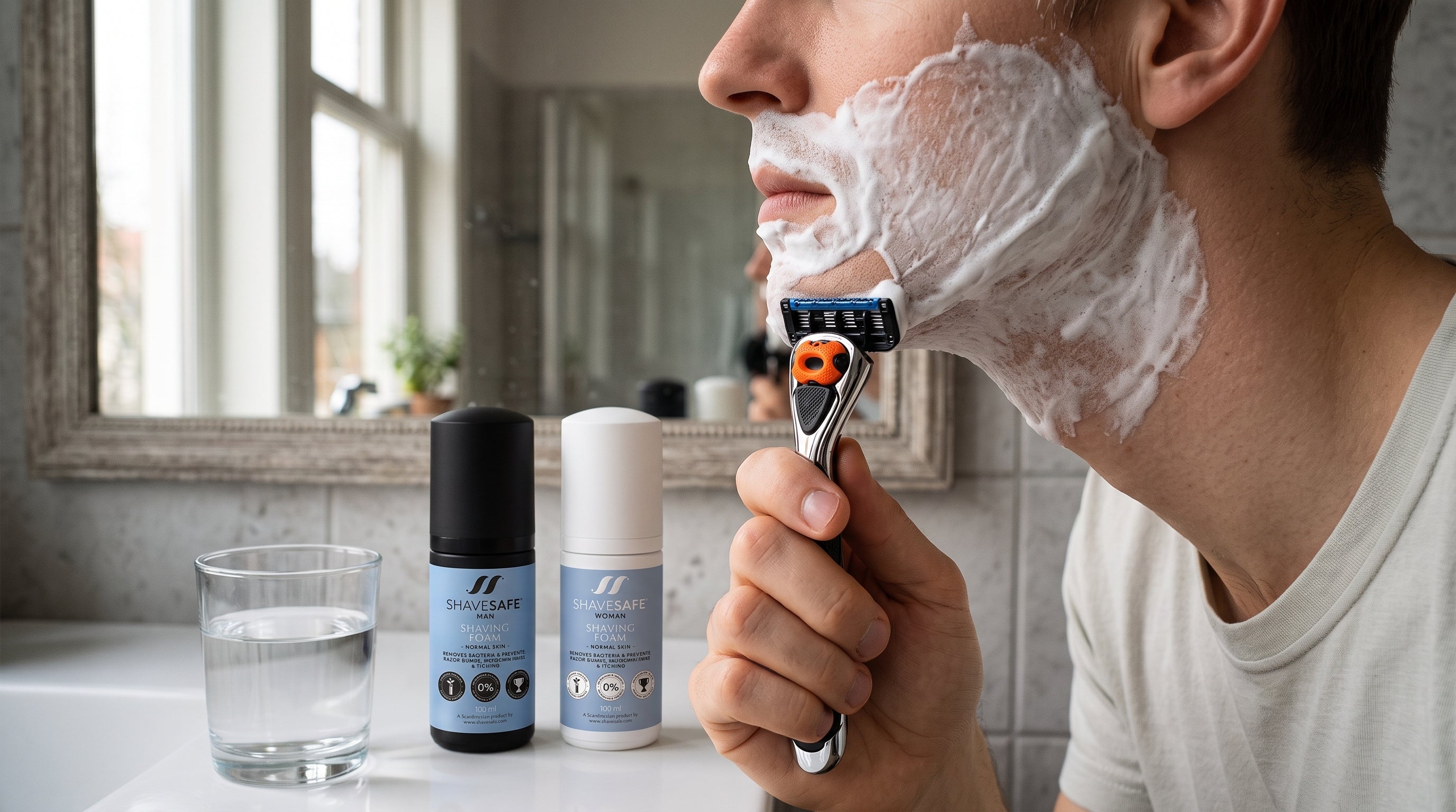 Hudens mikrobiom og barbering med ShaveSafe. AI-genereret billede.