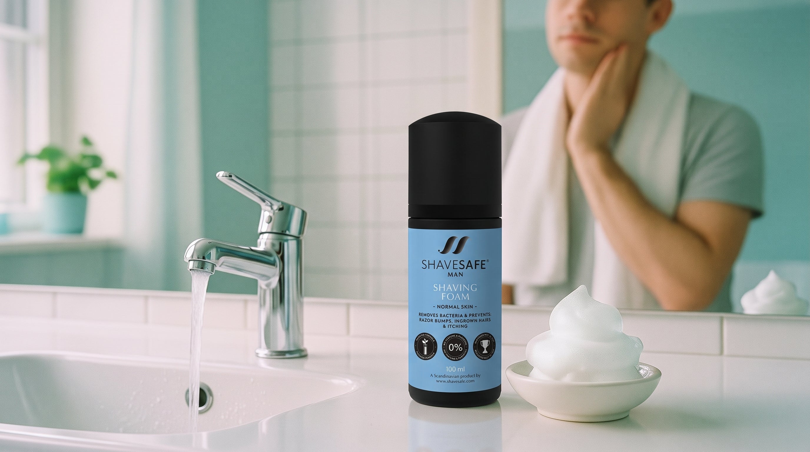 Barbergel og barberskum med ShaveSafe. AI-genereret billede.