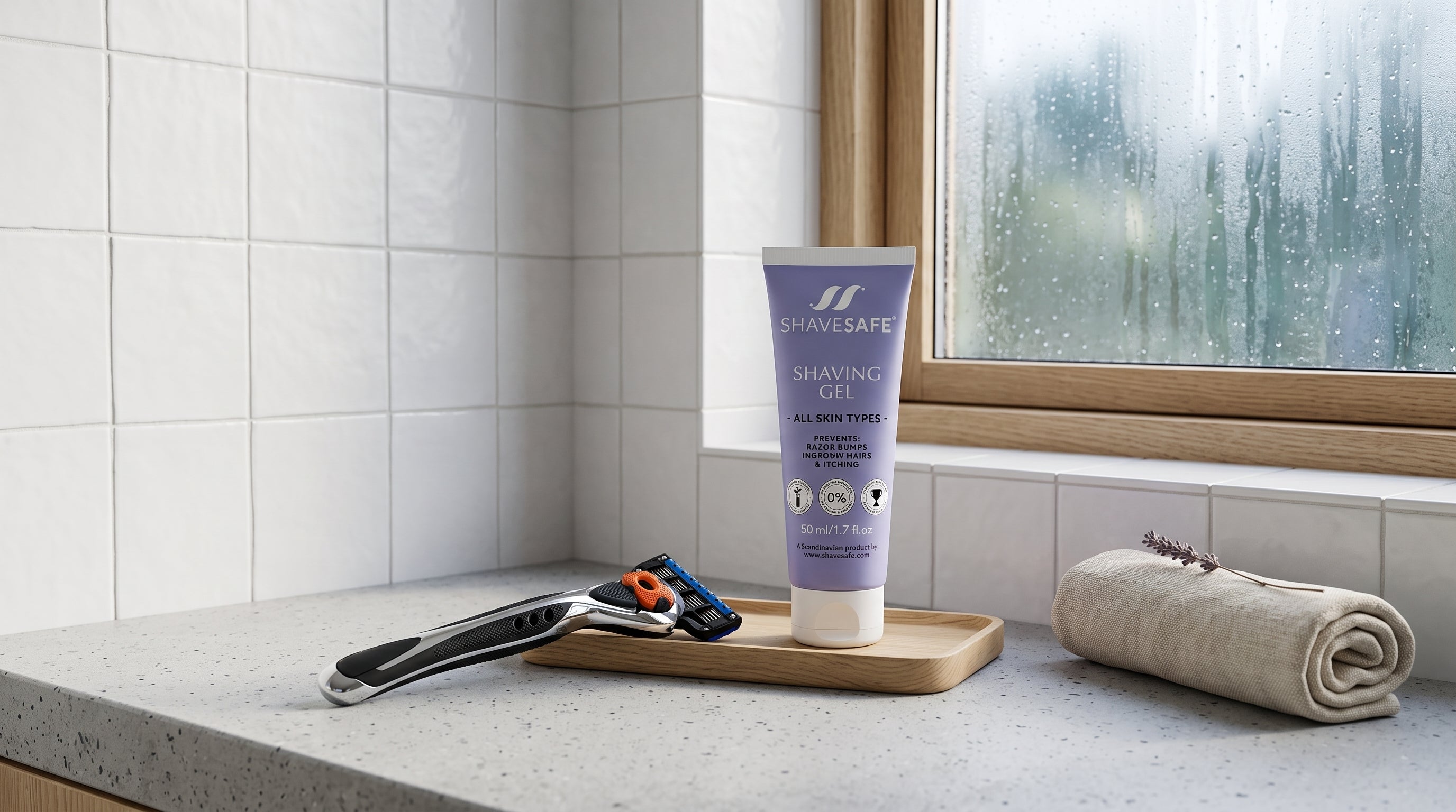 Indgroede haar paa bikinilinjen, med ShaveSafe. AI-genereret billede.