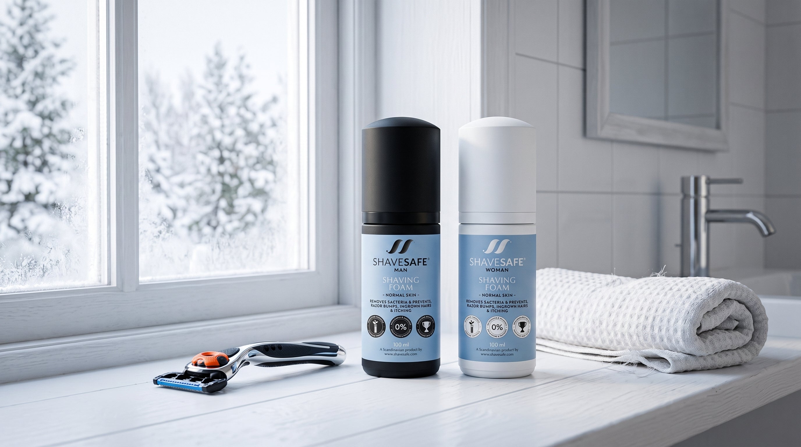 Barbering af toer hud om vinteren med ShaveSafe. AI-genereret billede.