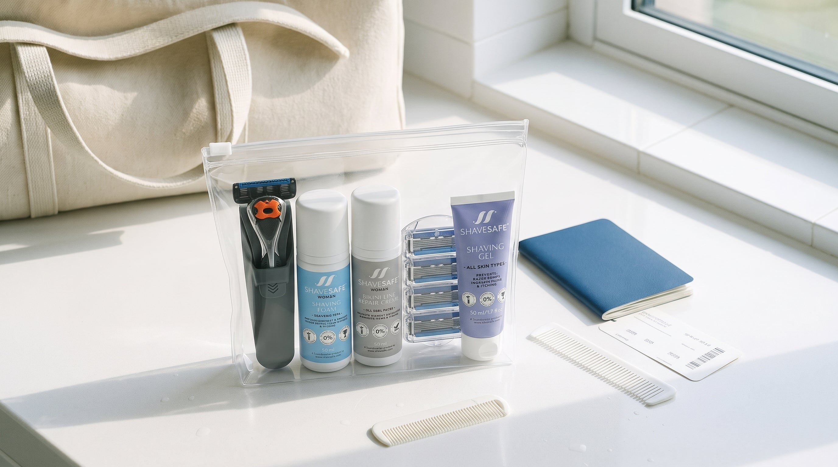 Rejsevenlig barbering med ShaveSafe. AI-genereret billede.