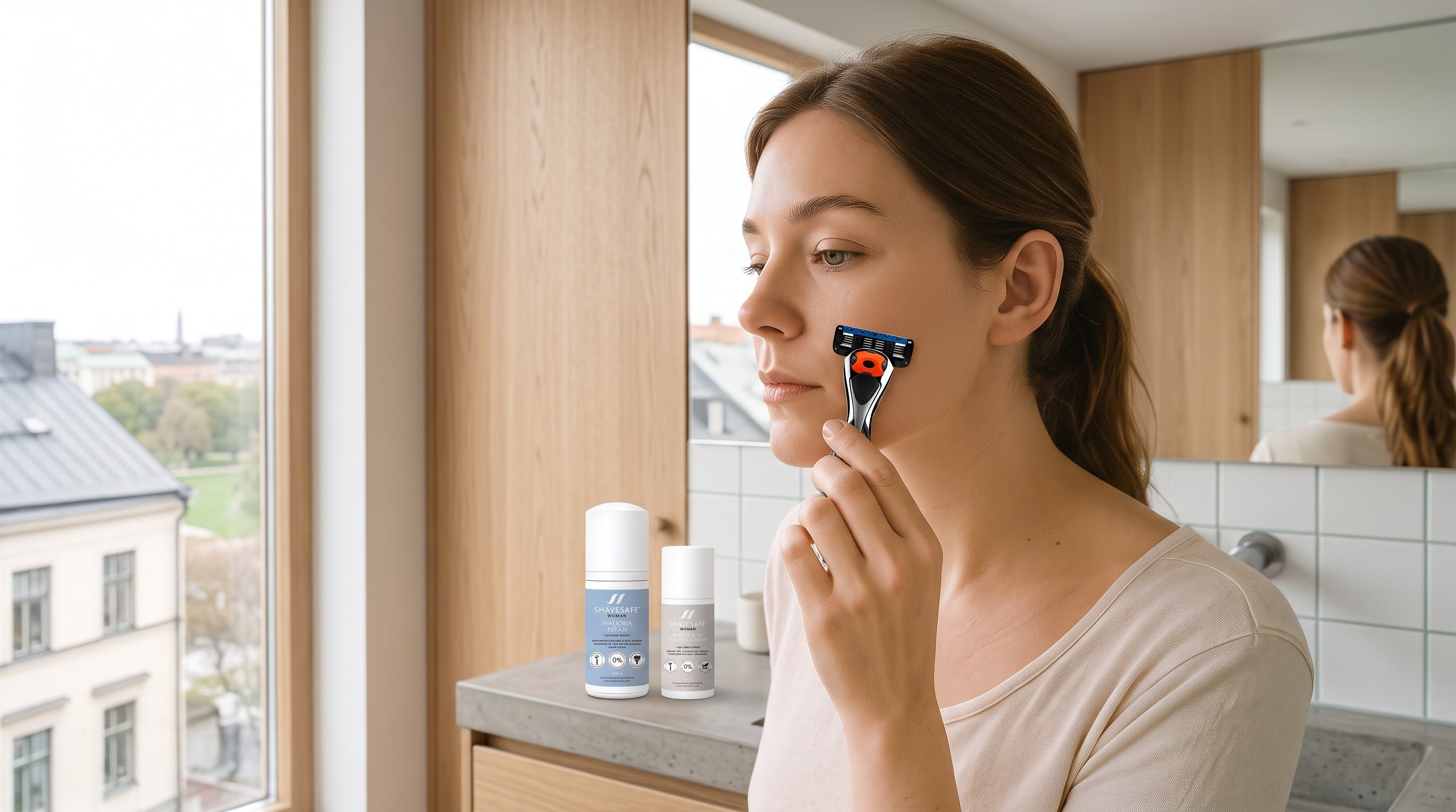 Dermaplaning med ShaveSafe skraber. AI-genereret billede.