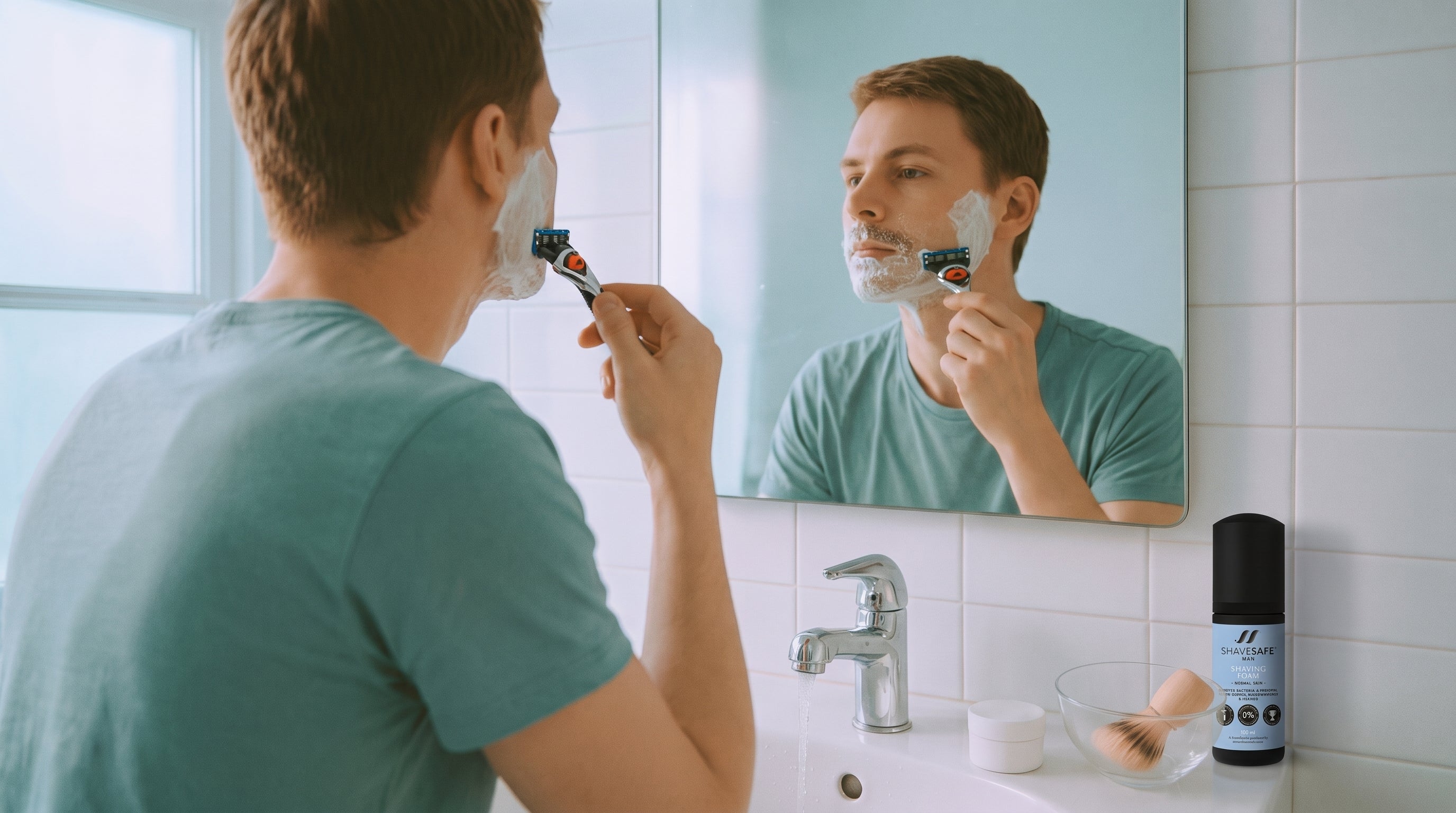 Hurtig og skaansom barbering med ShaveSafe. AI-genereret billede.