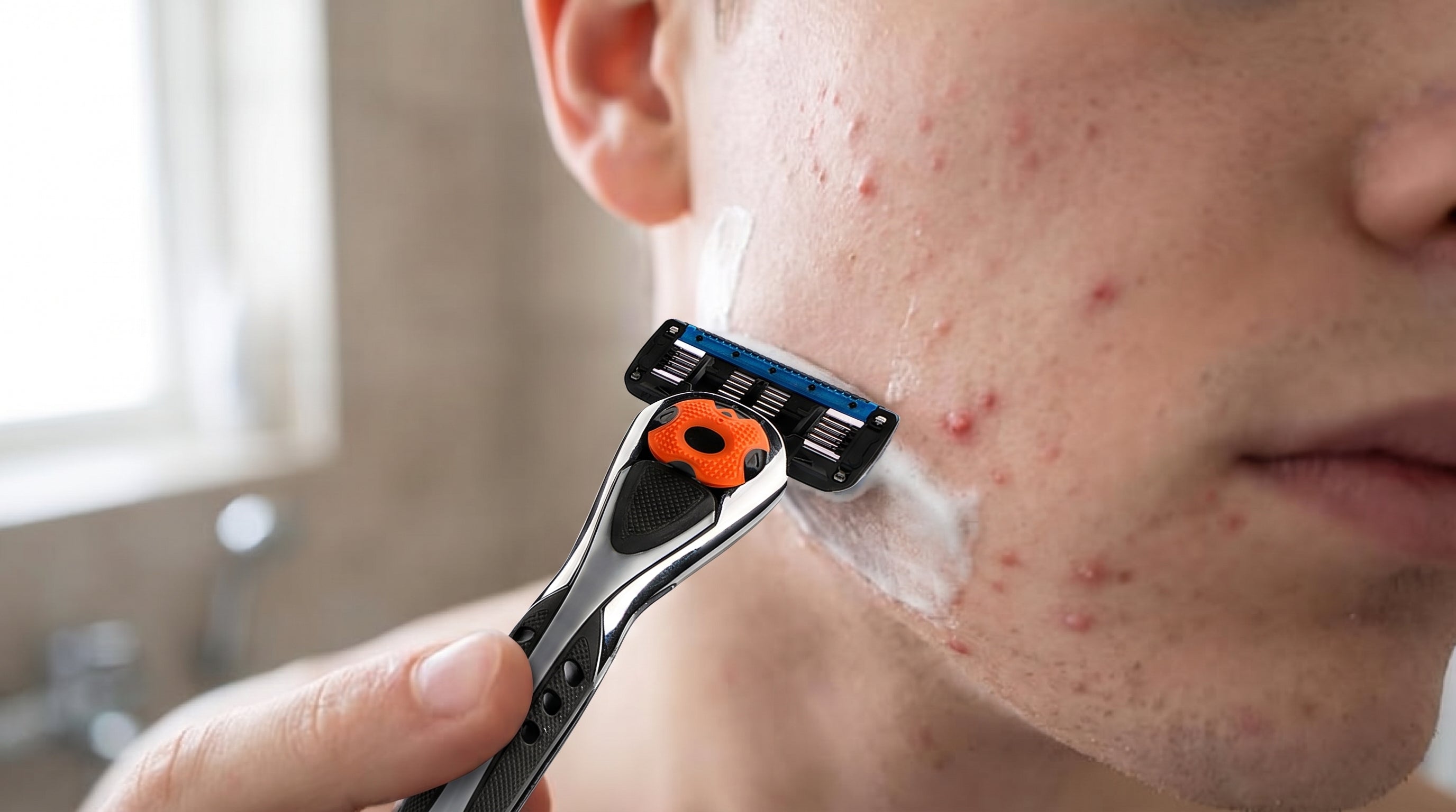 Barbering med akne, med ShaveSafe. AI-genereret billede.