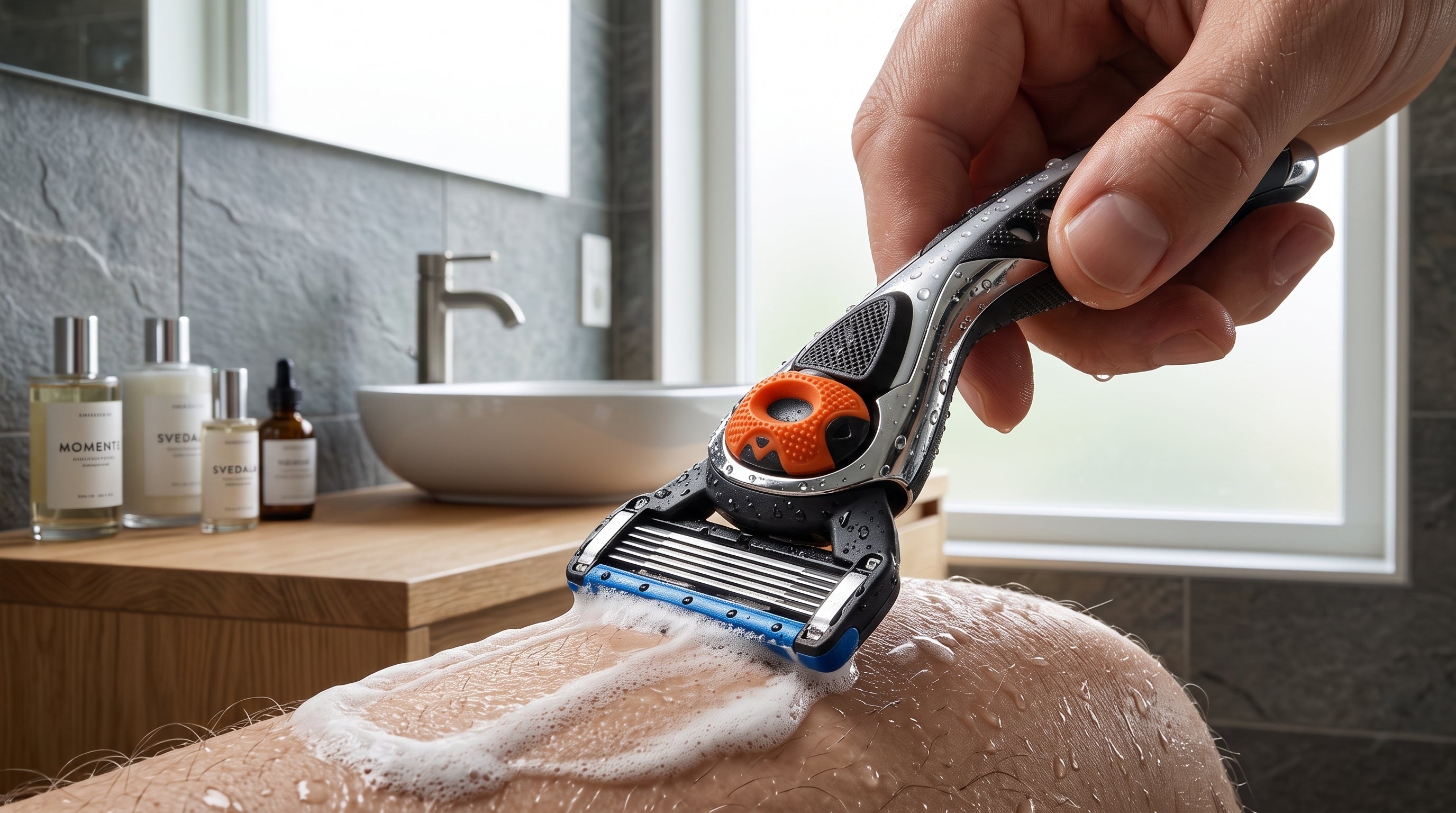 Barbering af kroellet skaeg med ShaveSafe. AI-genereret billede.