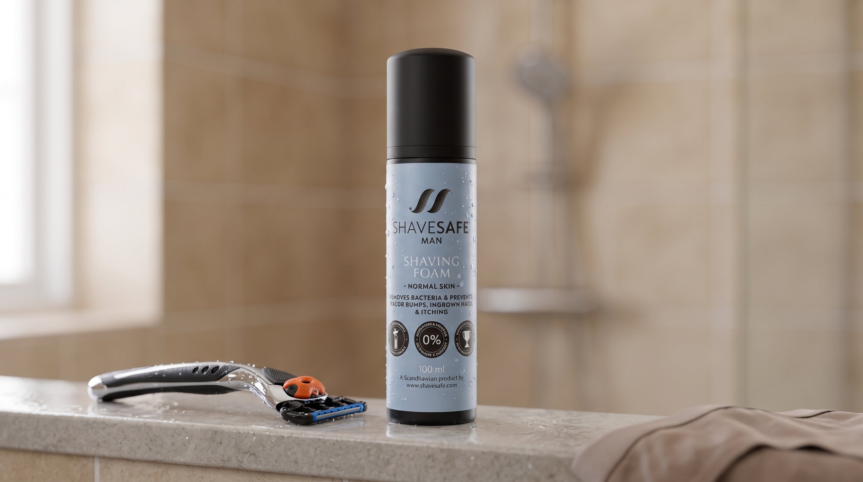 ShaveSafe creme mod knopper paa bikinilinjen. AI-genereret billede.